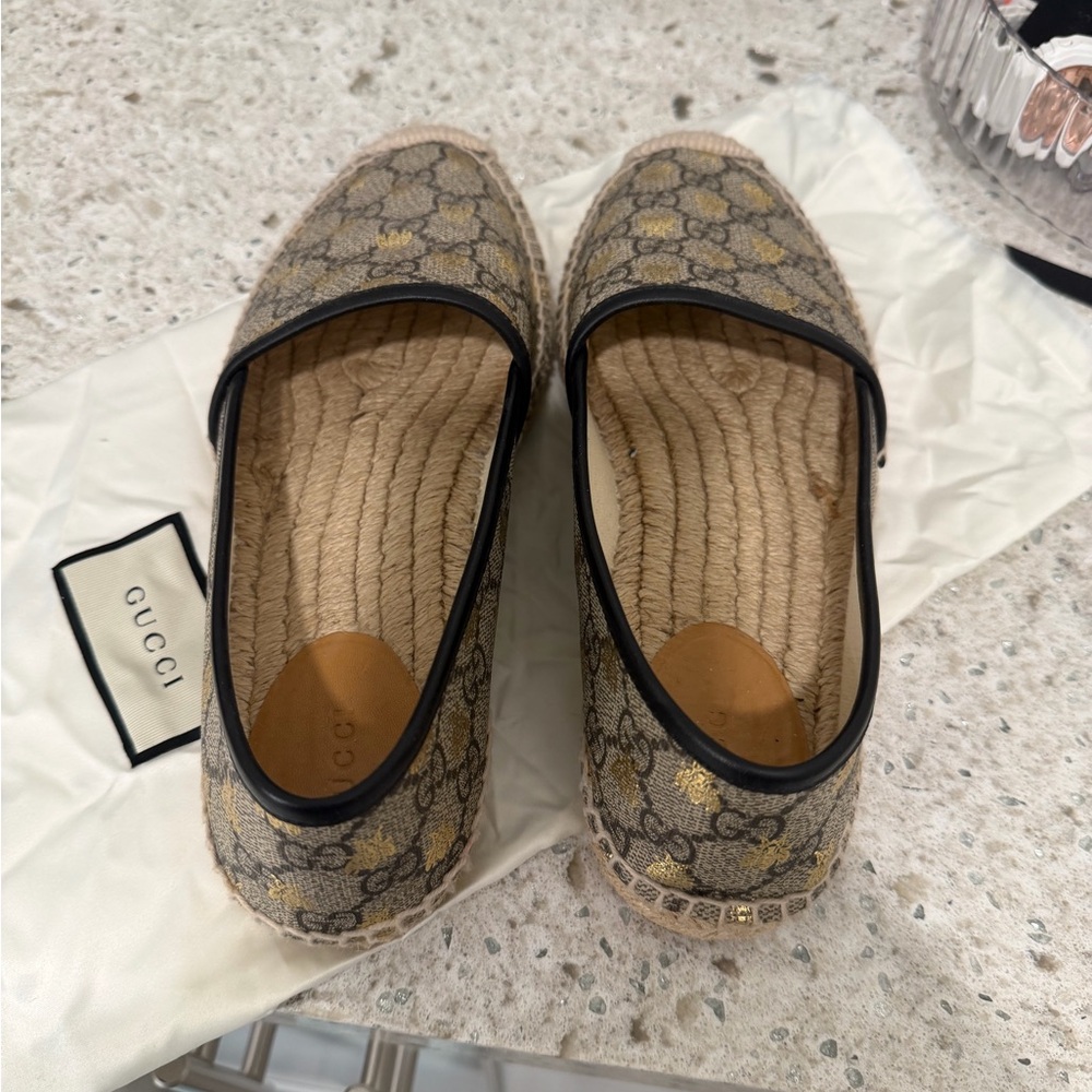 Gucci Brown & Gold Monogram Bee Espadrille Flats - Picture 3 of 8